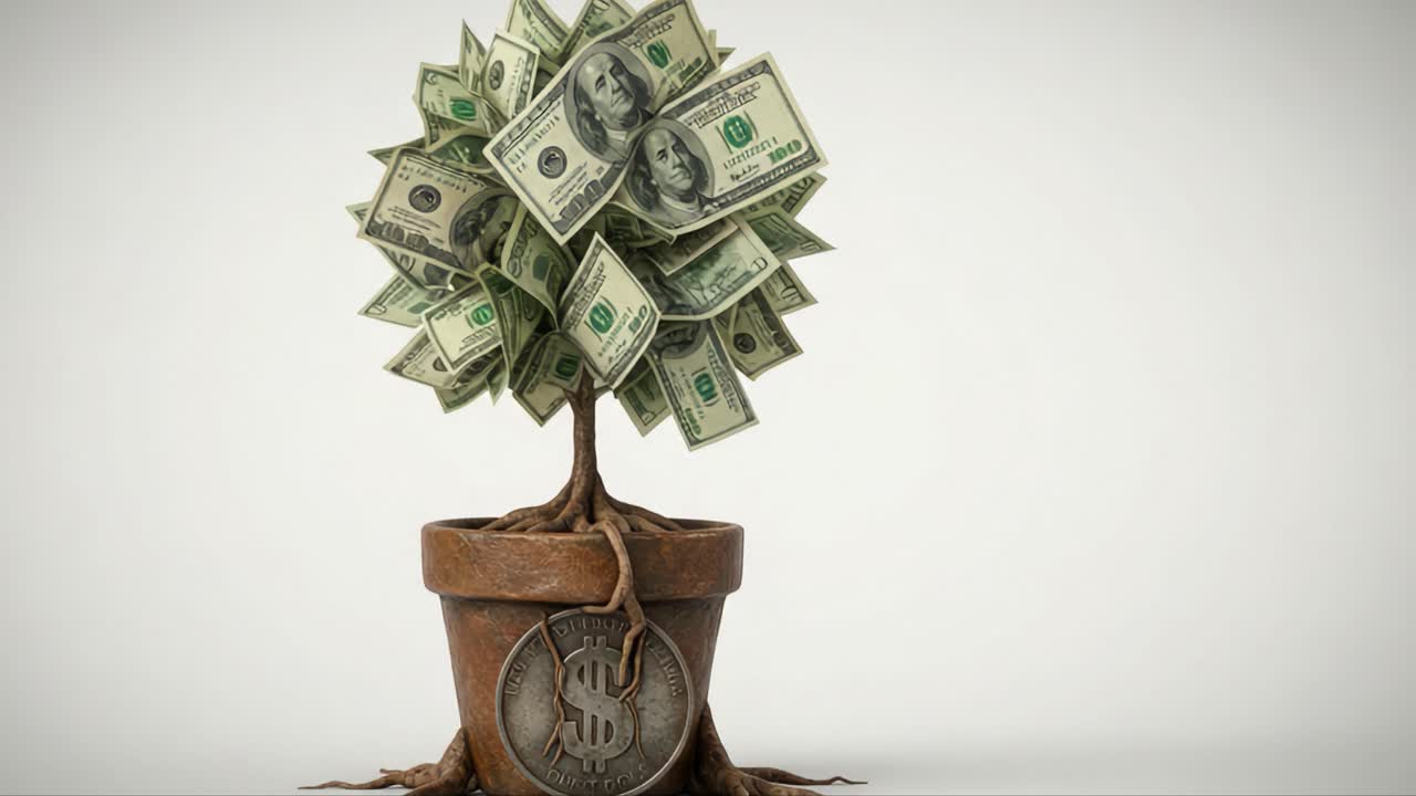 A creative representation of a money tree, symbolizing wealth and prosperity, with lush green leaves made of currency bills sprouting from a rustic pot adorned with a coin