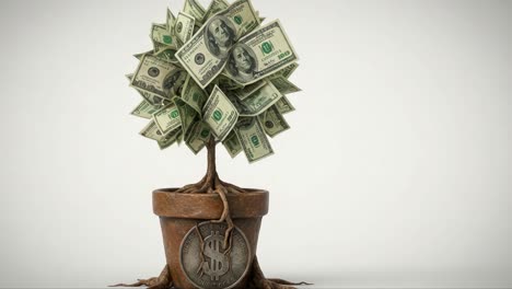 a creative representation of a money tree, symbolizing wealth and prosperity, with lush green leaves made of currency bills sprouting from a rustic pot adorned with a coin