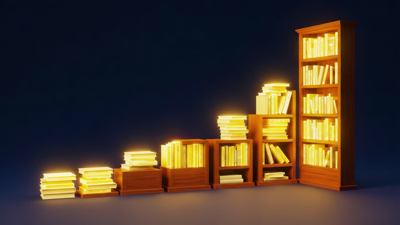 A Photography Series Revealing a Captivating Collection of Illuminated Wooden Bookshelves with Glowing Spines, Evoking a Sense of Tranquility and Inspiration in a Serene Space