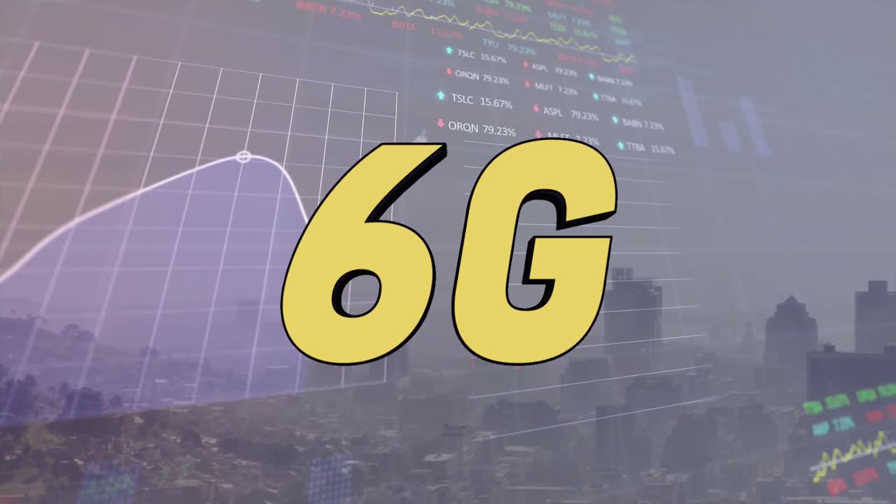 6g 텍스트 배너의 애니메이션, 도시 풍경에 대한 통계 및 주식 시장 데이터 처리