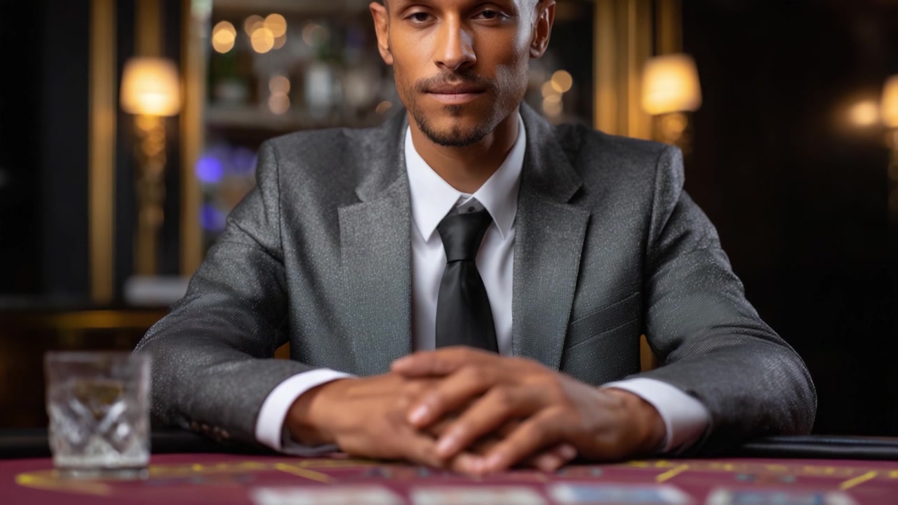 Un croupier di casinò posato in un elegante abito presenta un tavolo di carte da gioco, irradiando sicurezza e raffinatezza in un ambiente elegante e poco illuminato.