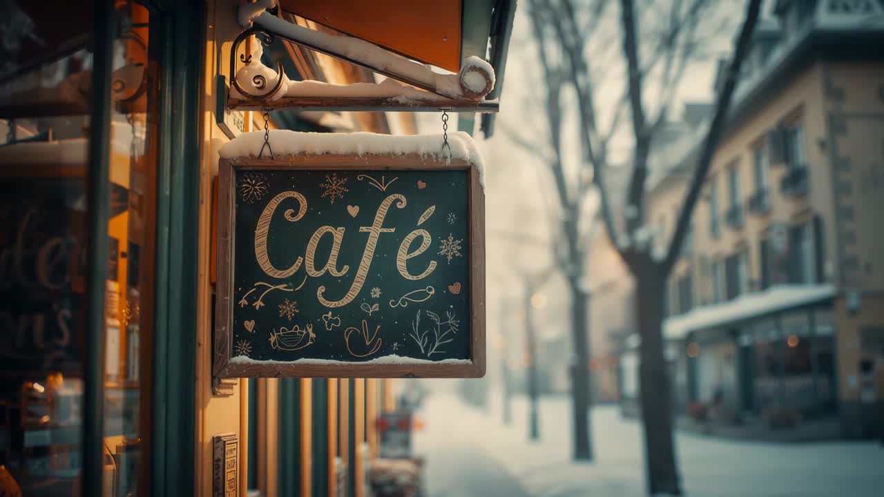 Hanging Cafe sign staying still outside cafe as pedestrian walking past on sidewalk, copy space