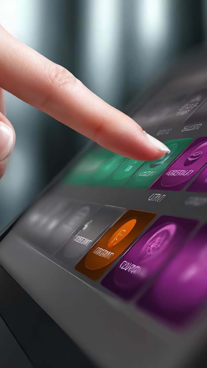 Close-Up of a Finger Touching Touchscreen Interface with Colorful Buttons, Demonstrating Technology and Interaction in a Digital Environment