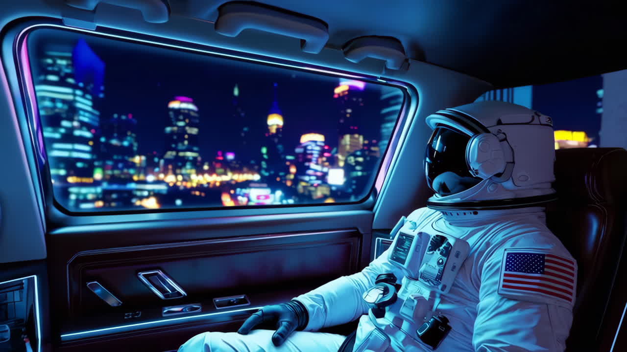 밤에 미래의 차에 탑승한 우주비행사