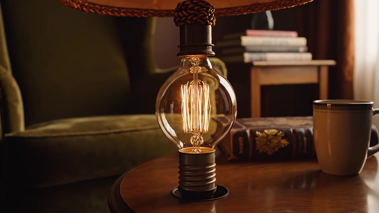 Close-up of a glowing vintage Edison light bulb filament