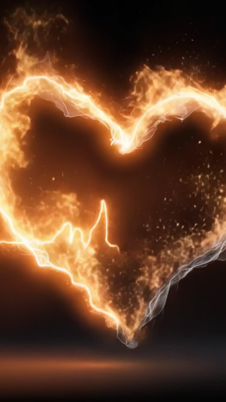 Una visualizzazione accattivante della passione ardente: una forma di cuore resa in fiamme su uno sfondo scuro, che simboleggia amore e vitalità.