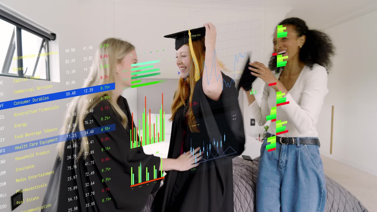 Five classmates prepping graduation, helper placing cap while translucent stock charts overlaying