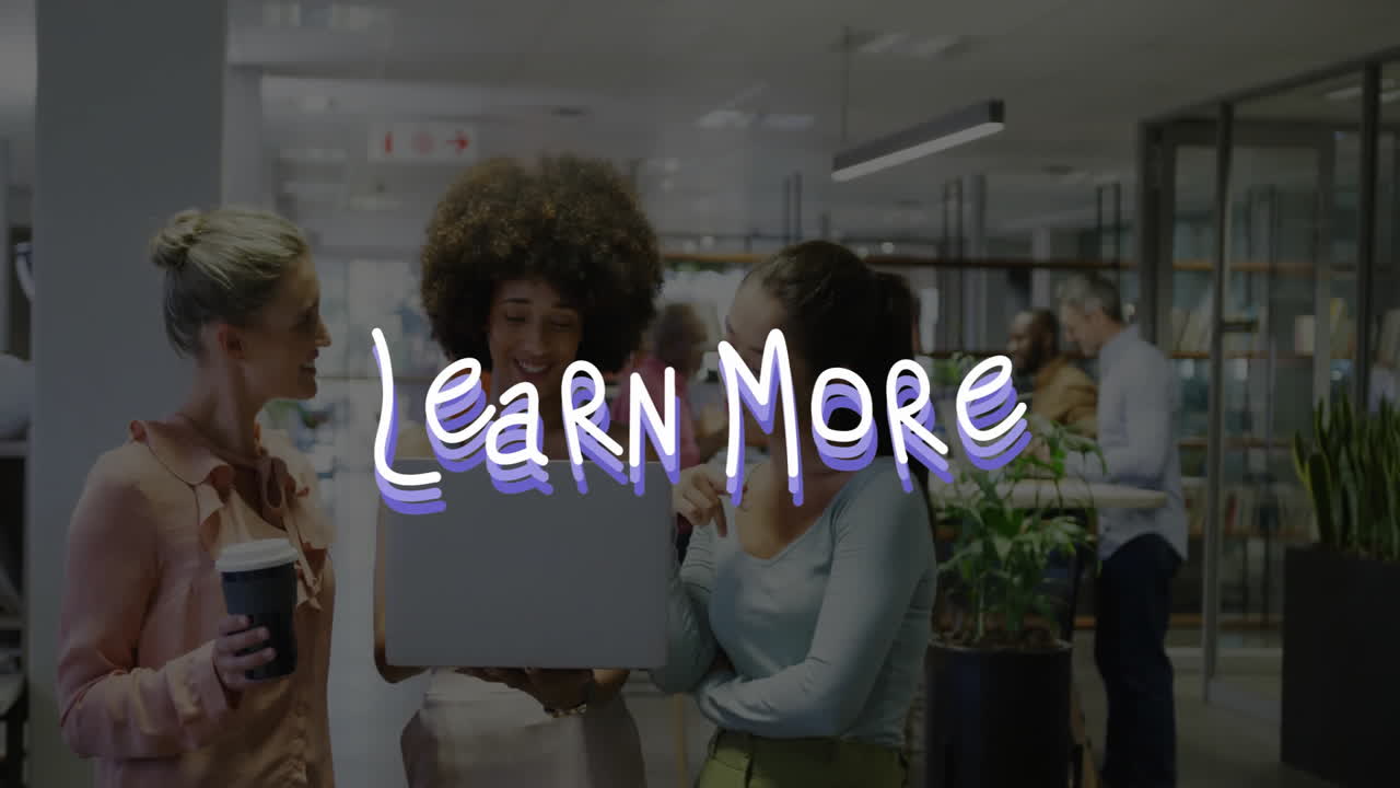 Three women gathering around laptop in open-plan business workspace, displaying floating graphs