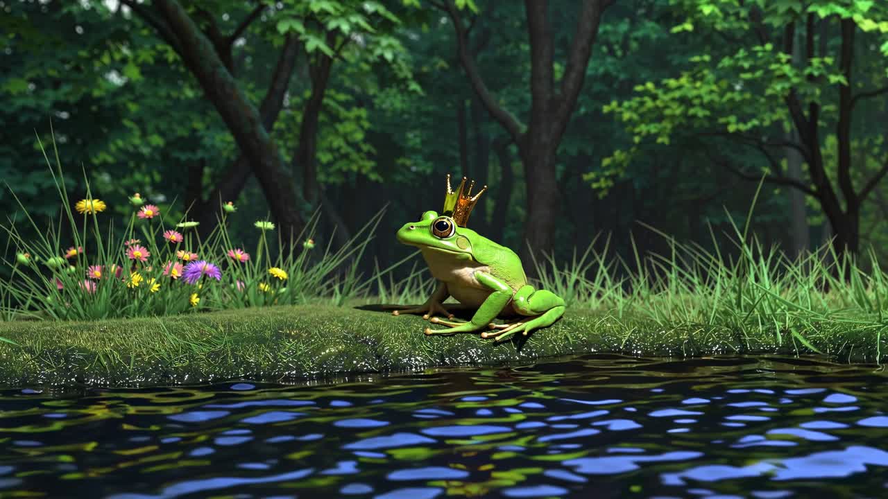 A whimsical video scene of a frog wearing a crown, sitting by a pond