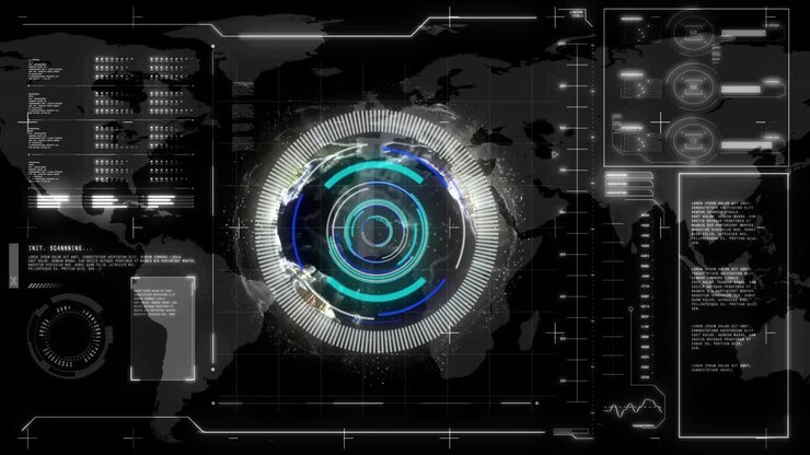 Animation of data processing with scope scanning over world map on black background