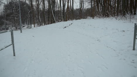 Slow-walking-on-empty-snow-covered-path-in-small-city-park,-footprints-on-the-snow,-slow-motion