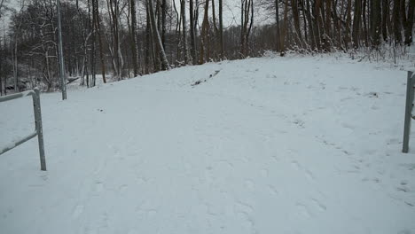 在小城市公園的空白雪覆蓋的小路上慢慢走,雪上的腳印,慢動作