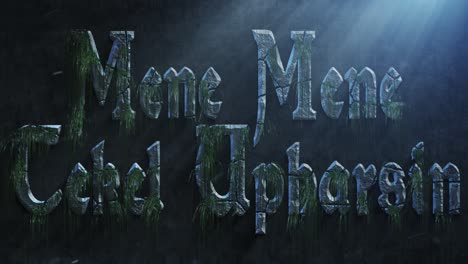 high quality dramatic motion graphic of the biblical wall text mene mene tekel upharsin, rapidly eroding and cracking and sprouting moss and weeds, with atmospheric light rays and dust motes