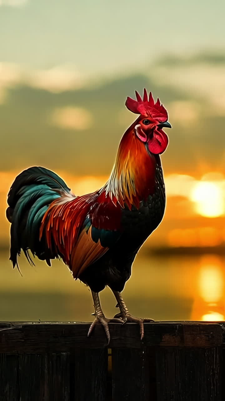 A rooster stands on a wooden post by the water. The rooster is red, black, and white