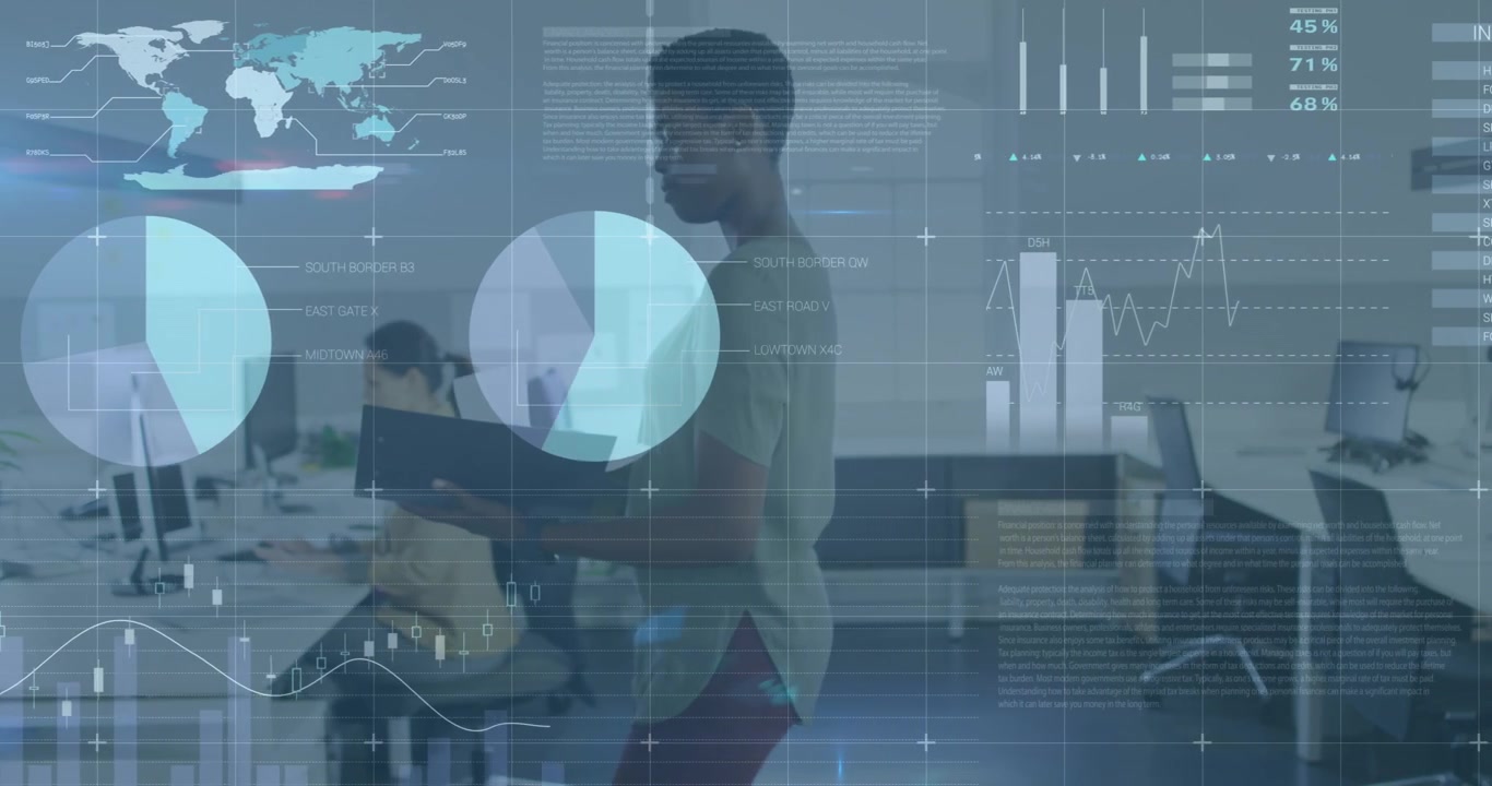 Animation of statistical data processing against african american woman with file walking at office