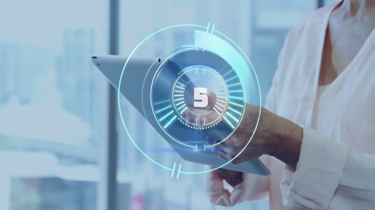 Animation of scope scanning and countdown over businesswoman using tablet