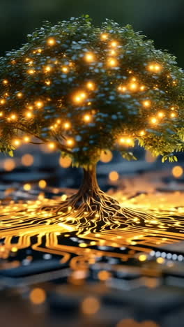 tree in circuit board land. a tree grows from a circuit board, illuminated by glowing lights, blending nature and technology in harmony.