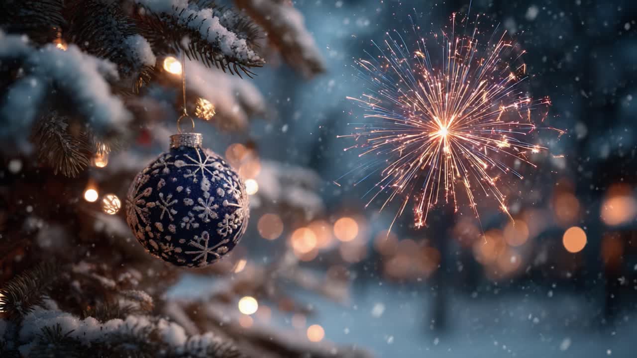 A Magical Christmas Celebration with Sparkling Fireworks and Festive Ornaments Amidst a Winter Wonderland of Snow and Lights