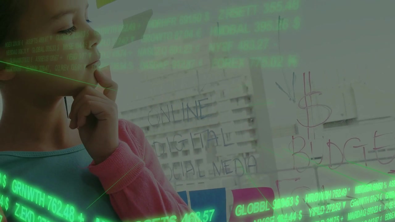 Child reading social media budget on board, holding chin as green ticker scrolling across front