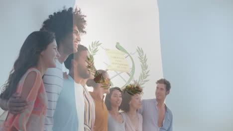 smiling together, diverse group with guatemalan flag and emblem in animation