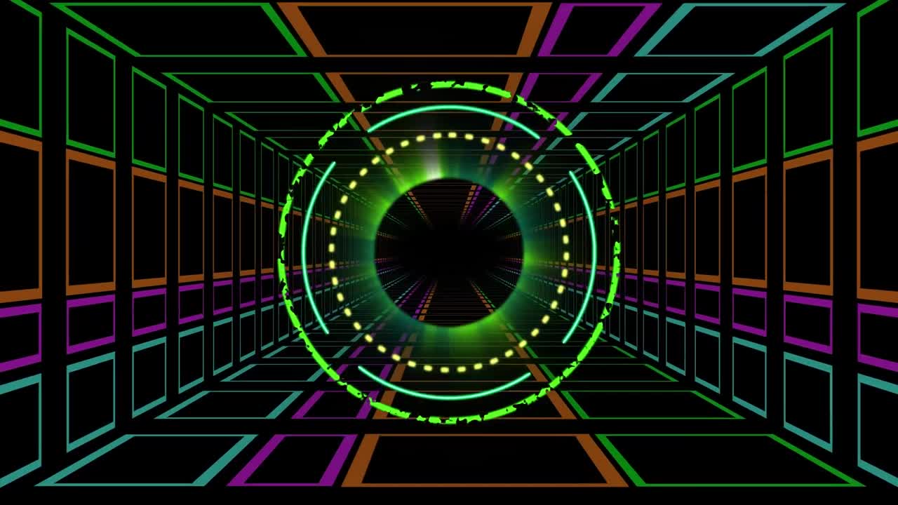 animación de círculos de neón sobre el espacio digital con luces