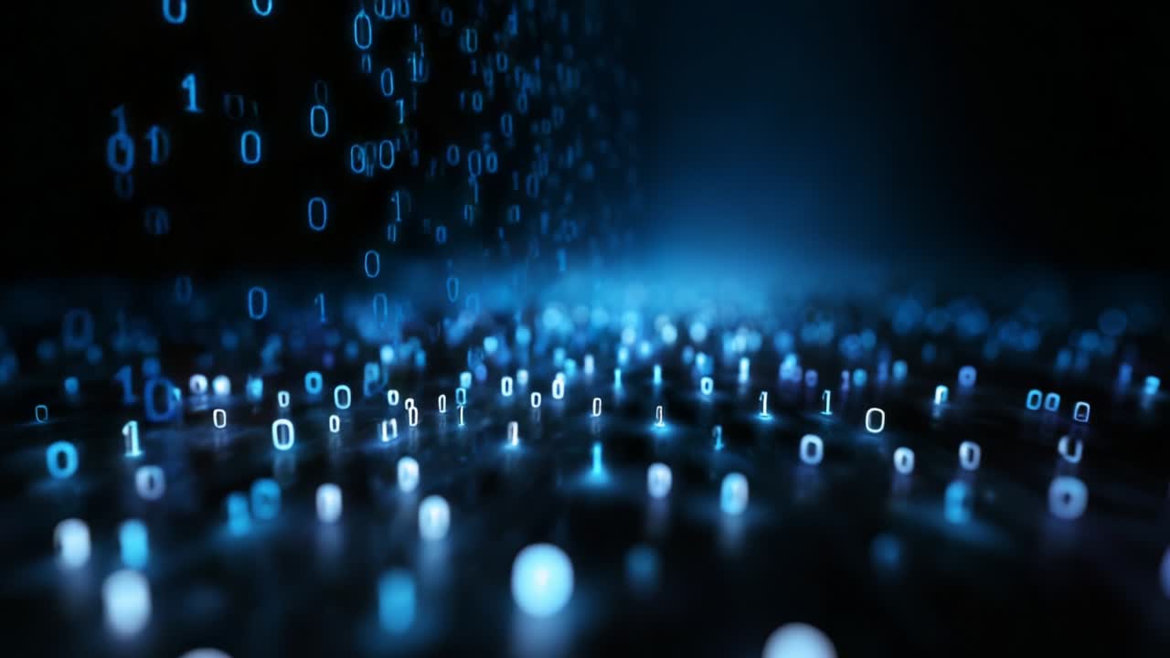 A mesmerizing view of cascading binary code illuminated by dynamic blue light, creating a digital landscape that captures the essence of data flow and computational creativity in a visually striking manner