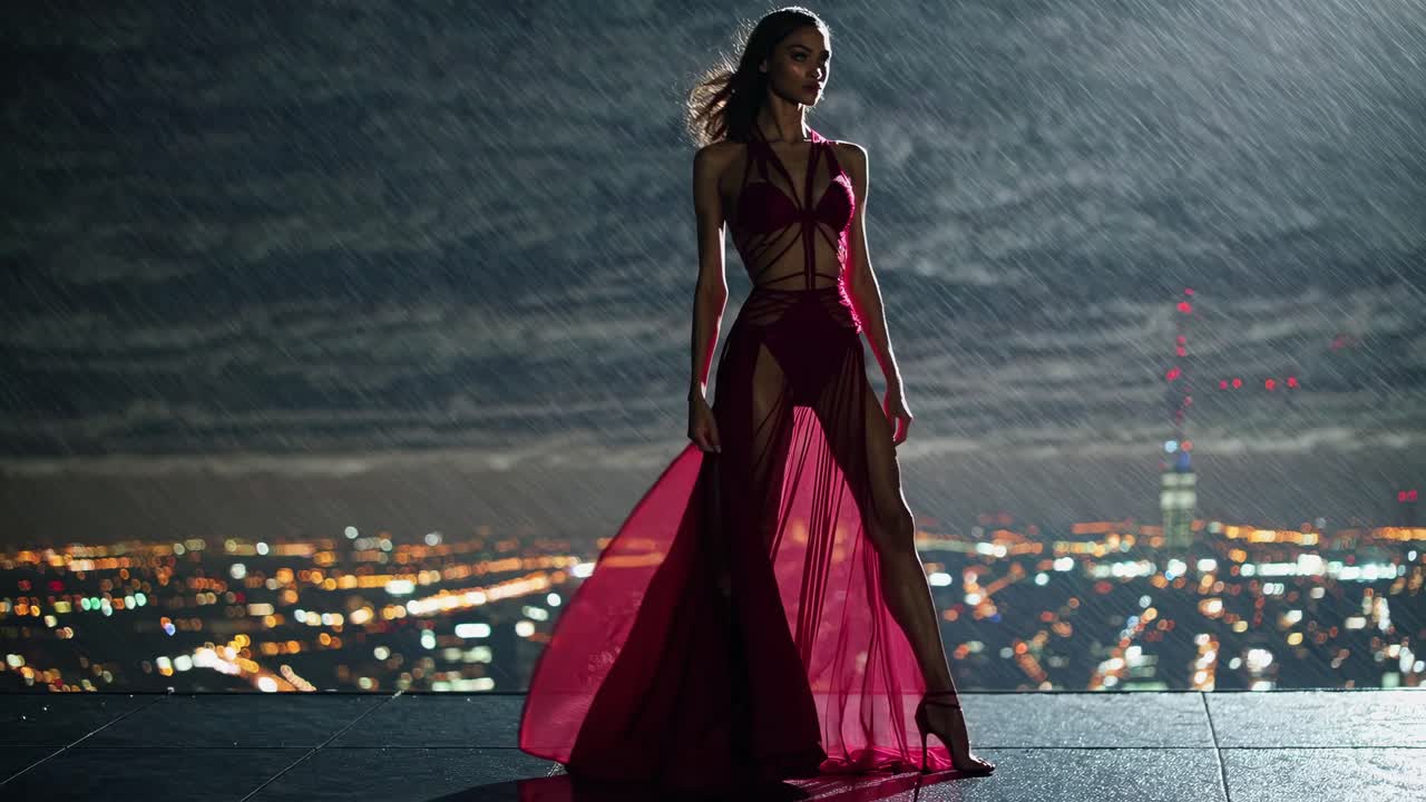 A Woman in a Red Dress in a Rain-Soaked Cityscape at Night