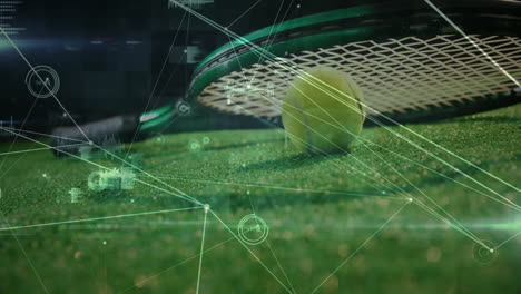 rendering green tennis court with racket and ball lying, displaying real time analytics overlay