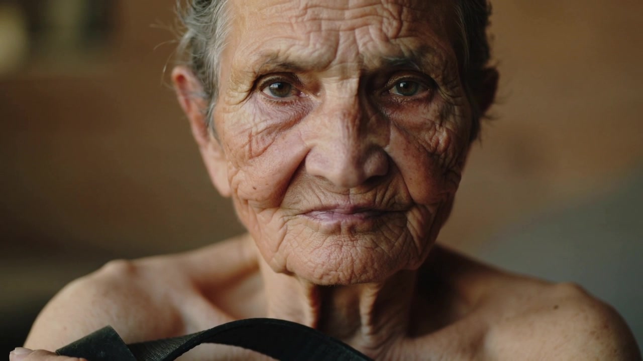Camera focusing senior woman holding dark strap, holding gaze with bare shoulders in warm room