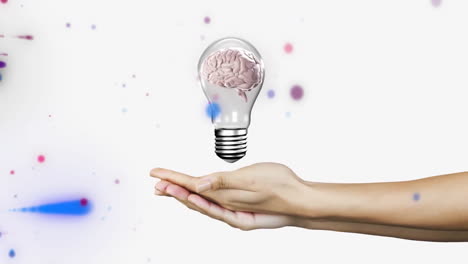 holding out hand, brain inside lightbulb animation over white background with dots