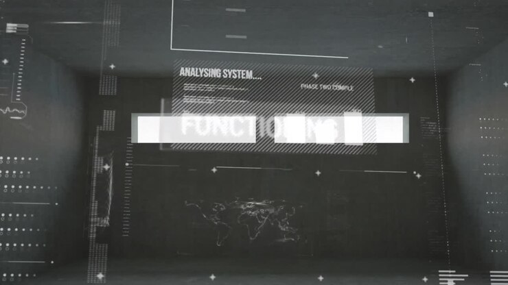 Animation of analysis text and data processing on grey background