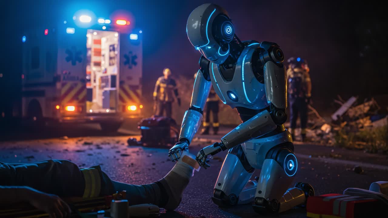A Futuristic Robotic Medic Assisting an Injured Person at a Nighttime Emergency Scene with Emergency Services in the Background and Advanced Healthcare Technology on Display