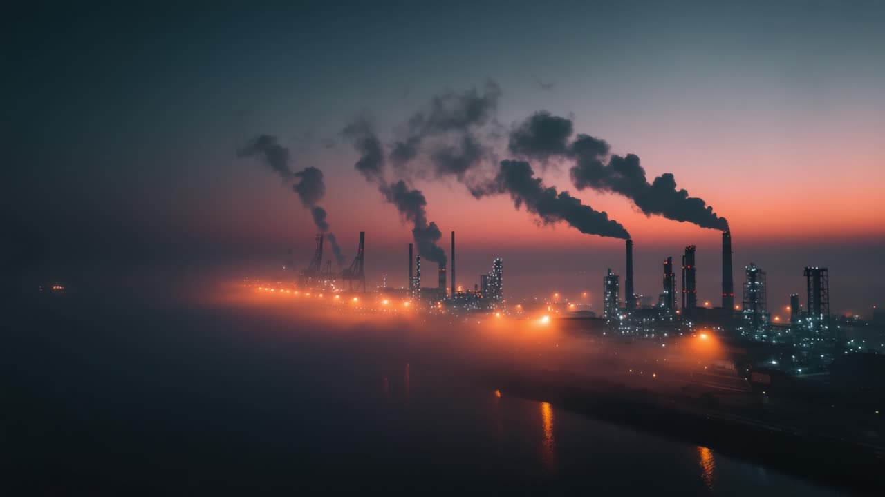 Industrial Landscape at Dusk: A Dramatic View of Tall Smokestacks Emitting Pollution into the Sky While City Lights Reflect on Calm Waters