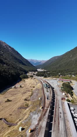transalpine railway in arthur's pass, new zealand. aerial vertical