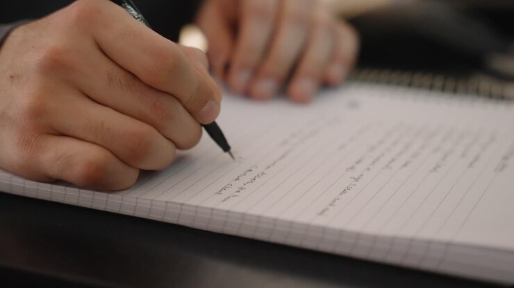Close up of a man writing on a notebook with a black pen