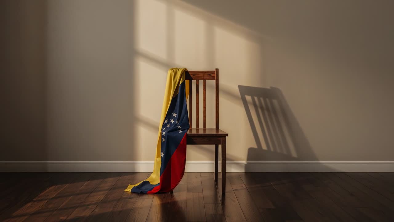Pohybující se sluneční světlo vrhající mřížkový stín přes malovanou zeď, dotýkající se venezuelské vlajky na dřevěné židli.