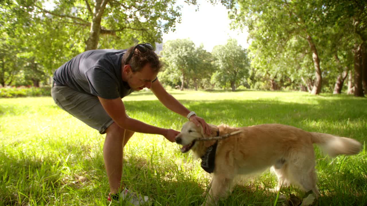 공원에서 래브라도 개와 스틱과 함께 놀고 있는 남자