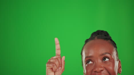 Happy,-woman-face-and-pointing-on-green-screen