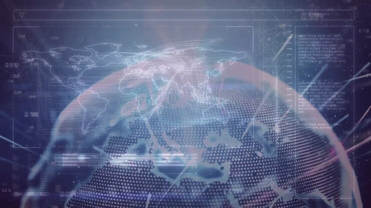 Animation of connections and data processing on digital screen with world map and globe