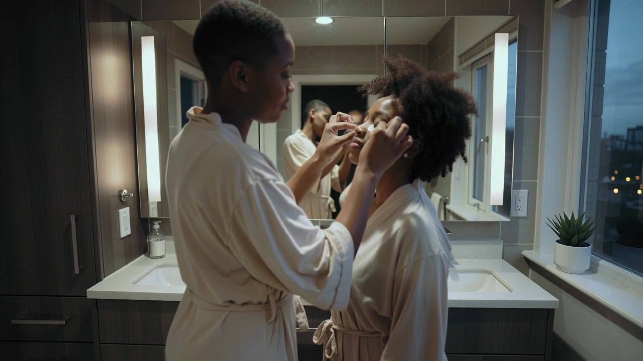 Reaching left woman steadying right woman's face and grooming eyelid in bathroom mirror in robes