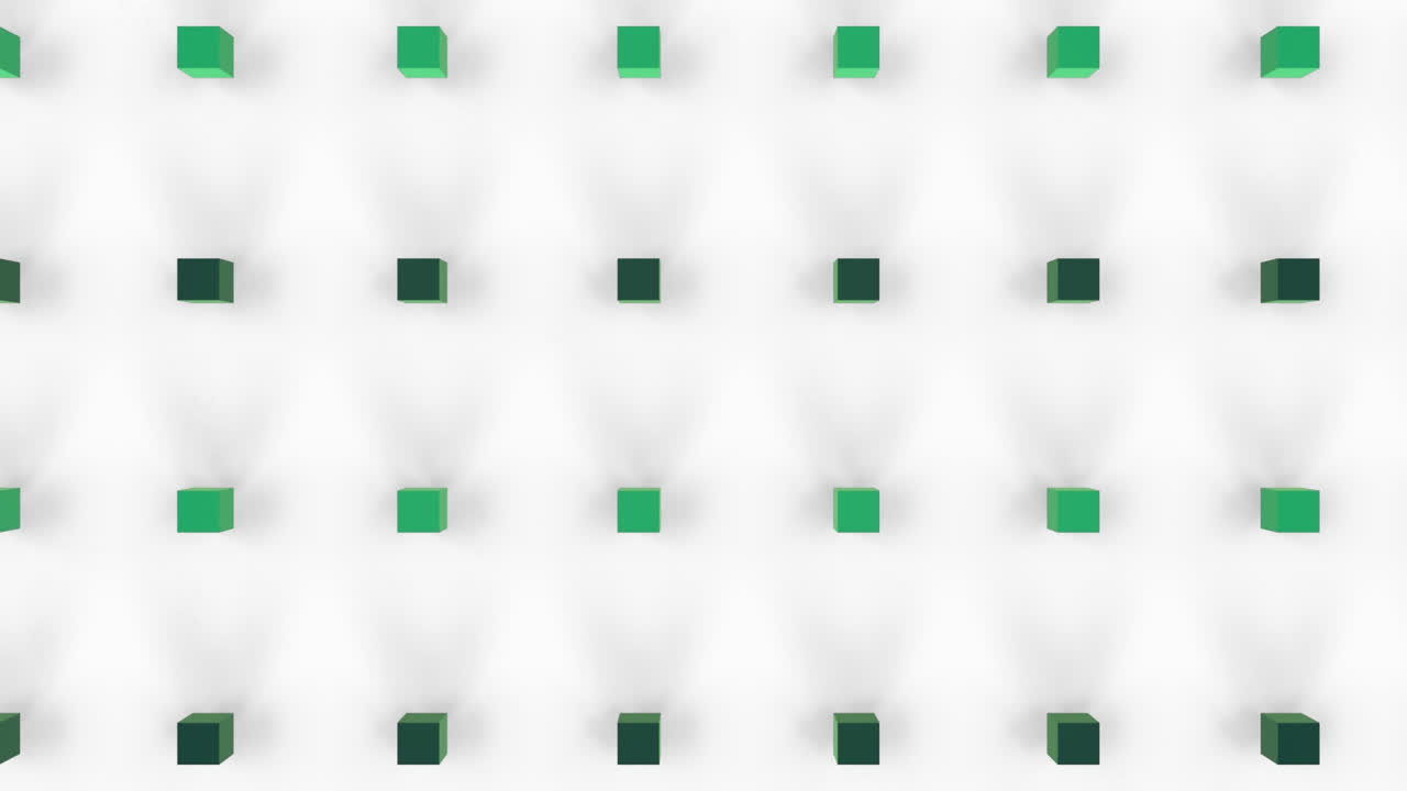 animación de cubos tridimensionales de color verde que se mueven contra un fondo blanco