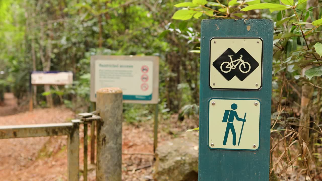 Trail sign for mountain biking and hiking in lush rainforest, steady camera, natural daylight