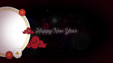 animation of flowers, abstract patterns, plate, firework and happy new year text on black background