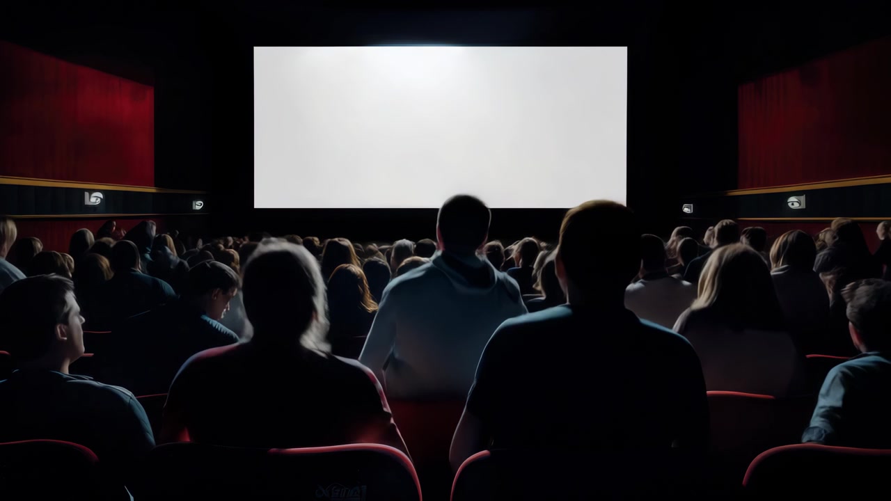 Vasto pubblico in una sala cinematografica buia con uno schermo vuoto