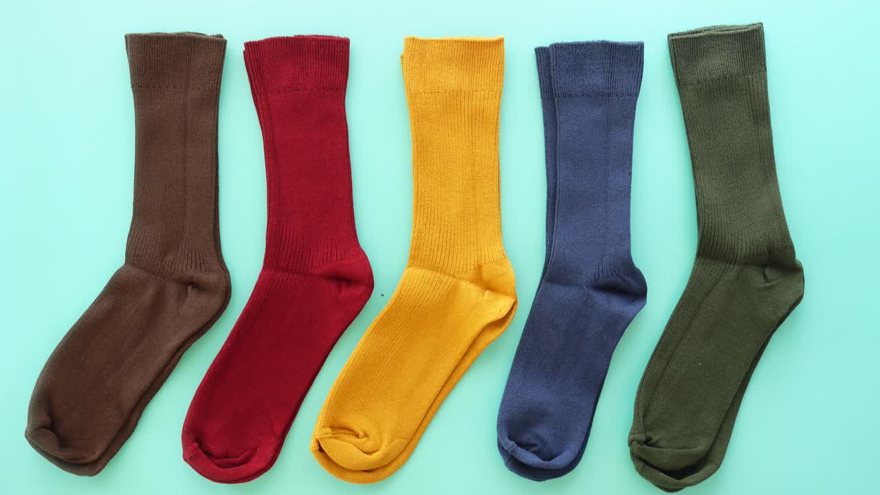 Colorful socks arranged on a table