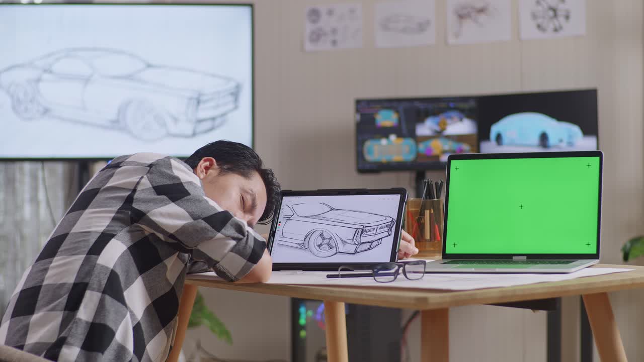 vista lateral de un hombre asiático durmiendo mientras dibuja un concepto de coche en una tableta junto a una pantalla verde portátil en el estudio con televisión y computadoras muestra un modelo de coche eléctrico 3d
