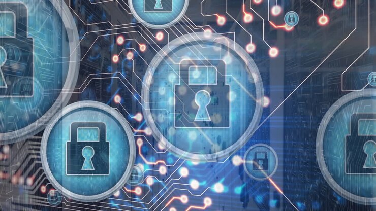 Animation of padlock icons and data processing over computer servers