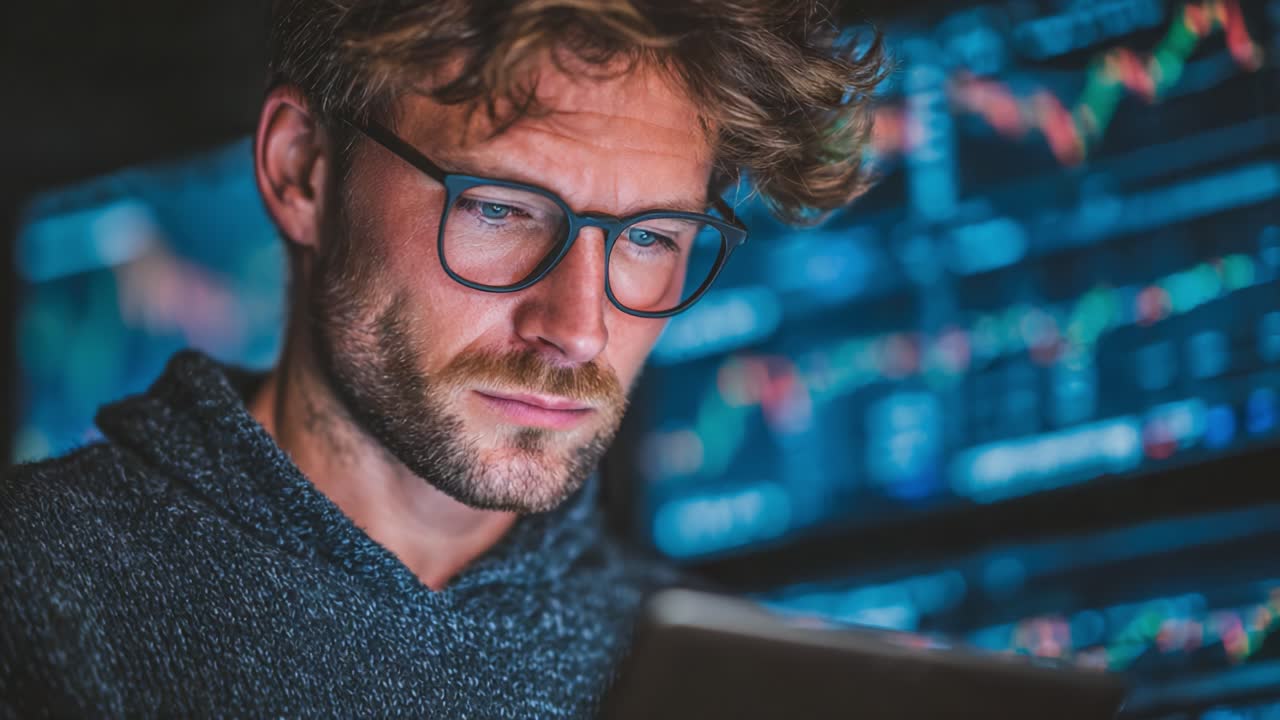 Focused Trader Analyzing Market Trends on a Digital Device Amidst Dynamic Financial Data Visualizations in a Contemporary Trading Environment
