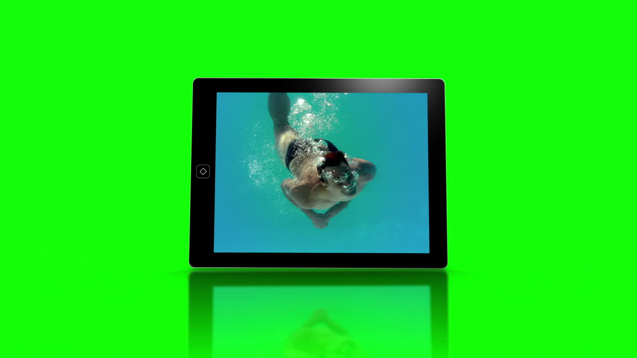 Media device screens showing girl swimming