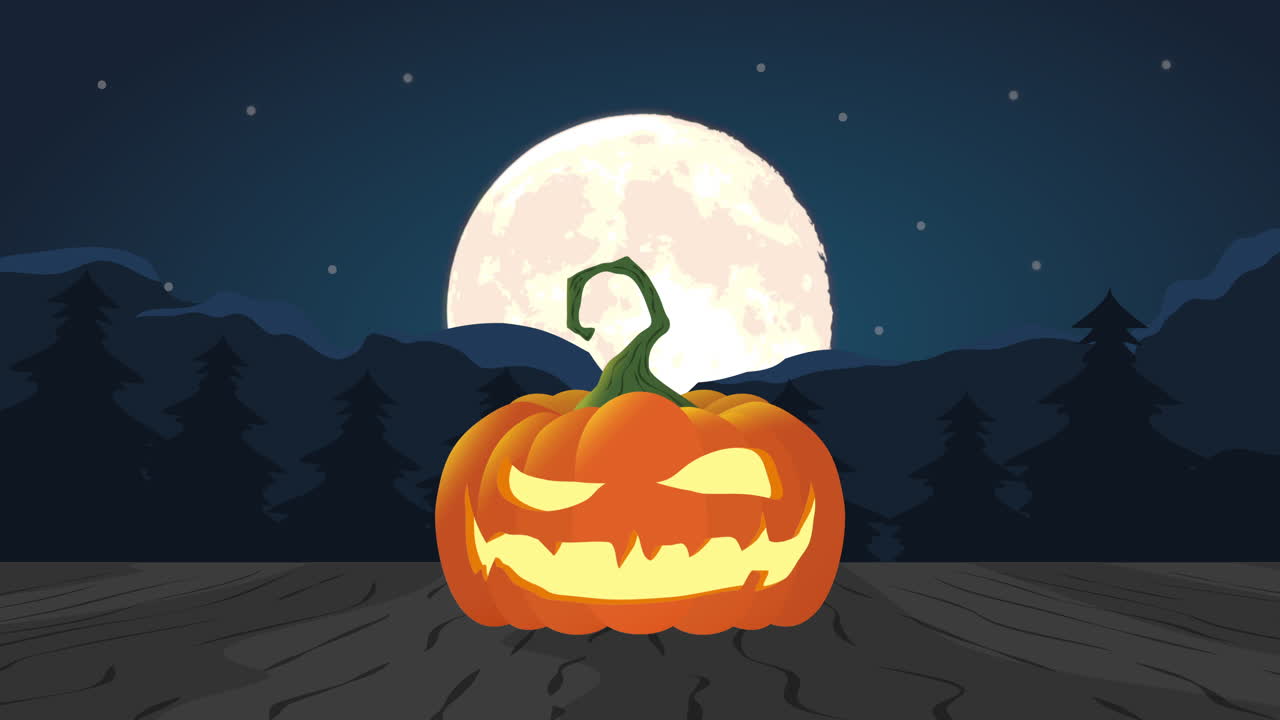 celebración de halloween con escena nocturna y calabaza, animación